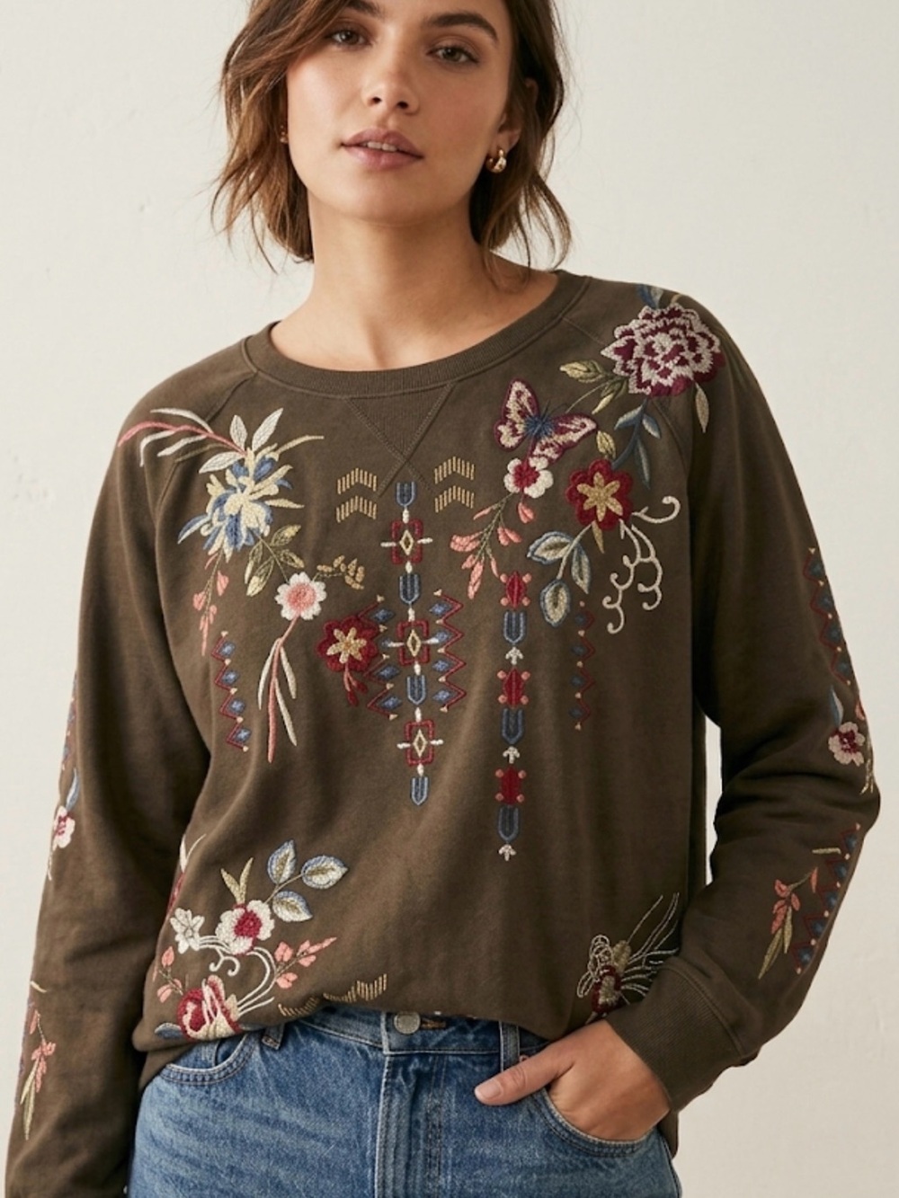 Johnny Was Dreamer Embroidered Floral Olive Green Embroidered Sweatshirt XL+
